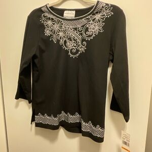2-2026A Alfred Dunner Black Blouse with White Embroidery PS